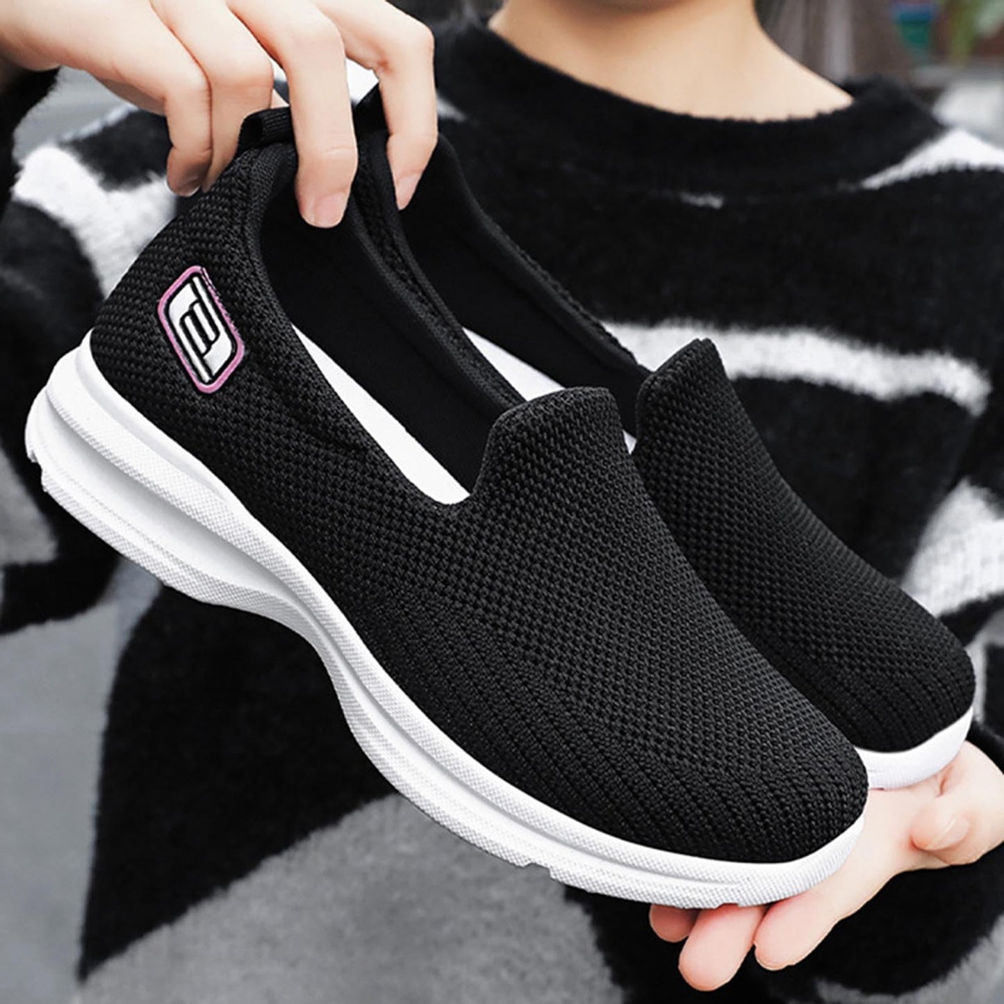 Womens Slip on Walking Shoes Casual Lightweight Sock Shoe Non-Slip Breathable Mesh Fashion Tennis Running Sneakers Black_07, 7.5