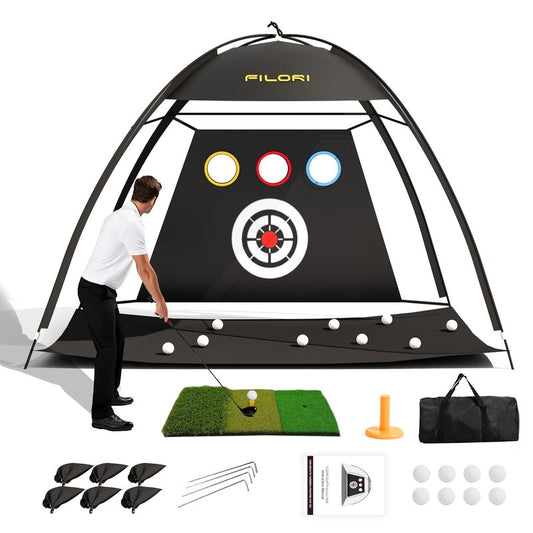 FILORI Golf Practice Net 10x7FT Heavy-Duty Golf Hitting Net with Tri-Turf Mat, 8 Balls, Tee & Carry Bag, Indoor/Outdoor Backyard Training for Driving Chipping Swing, Ideal Gifts for Men Dad Golfer