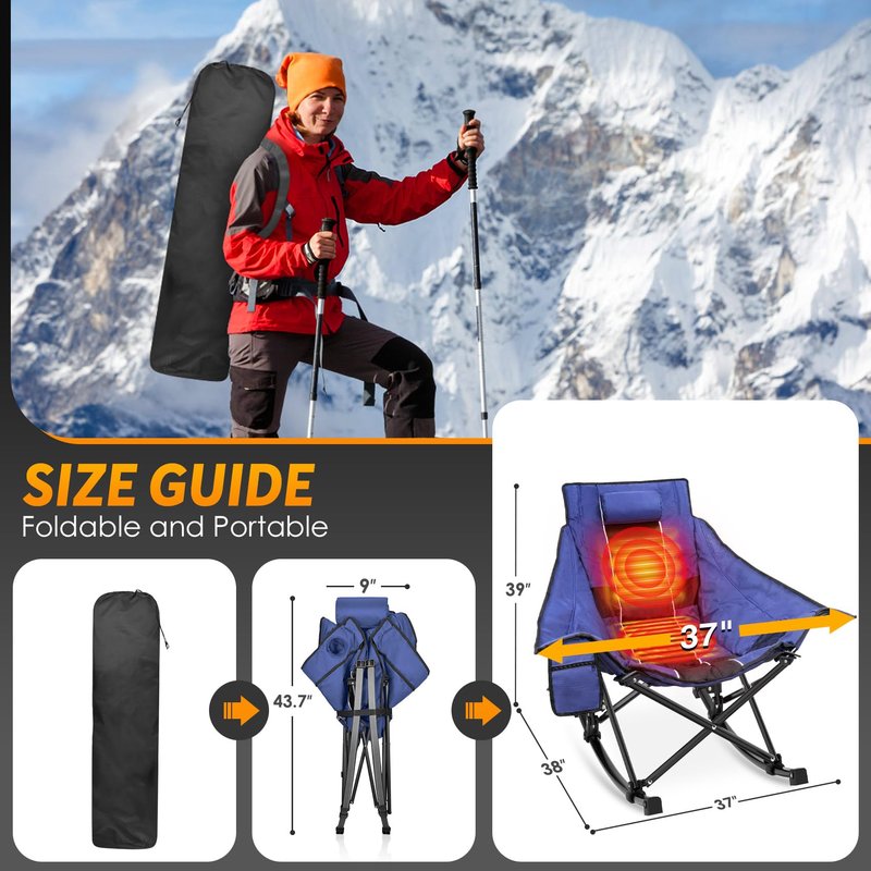 Suteck Heated Rocking Camping Chair, Fully Thicker Padded Heated Camping Chairs for Outdoor Sports W/3 Heat Levels for Back & Seat, Heated Rocking Chair for Adults with Carry Bag, Battery NOT Included