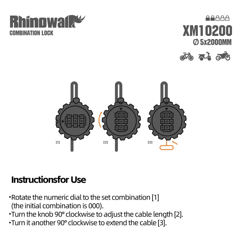 Rhinowalk Bike Lock Cable, 6.56ft Self-Retracting Security Cable, 5mm Diameter, Universal for Bikes, Motorcycles, Scooters & Strollers