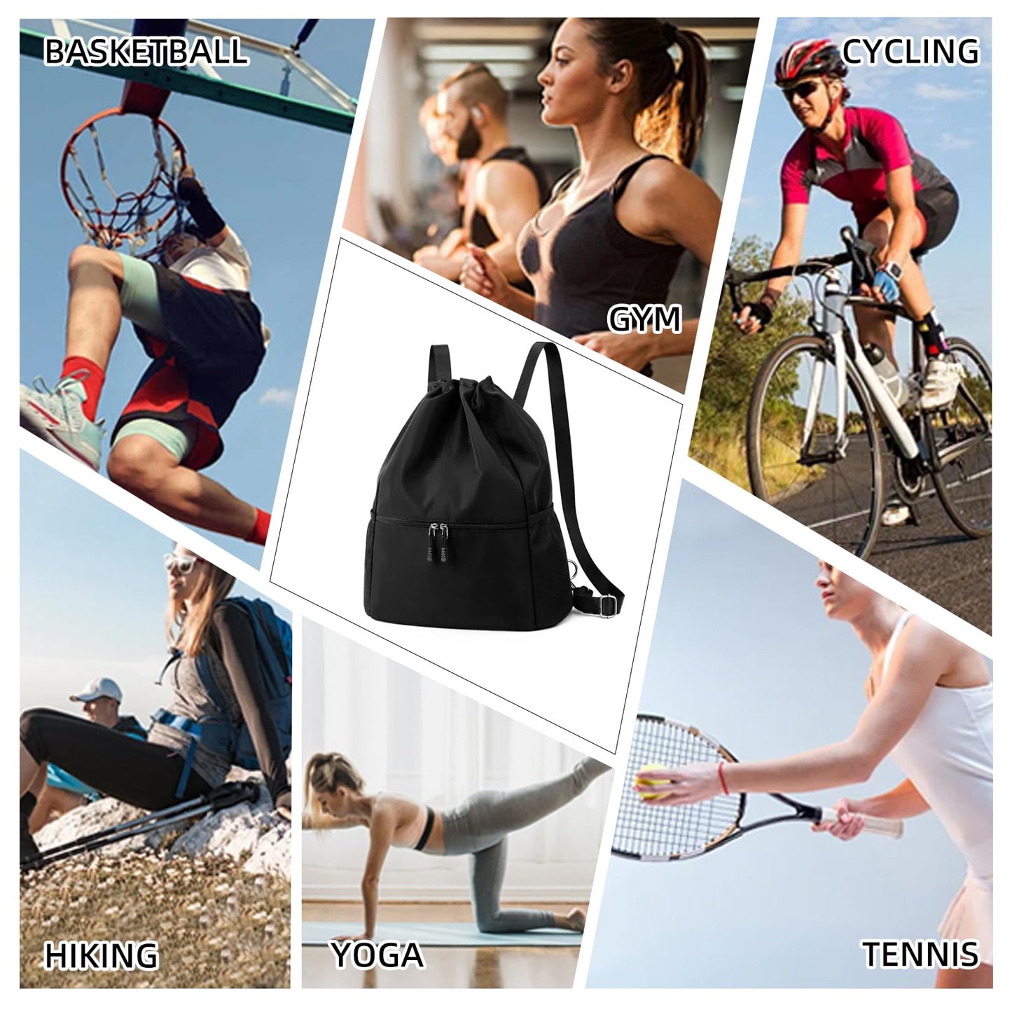 Valleycomfy Drawstring Backpack - Sport Gym Backpack Water Resistant String Bag with Side Mesh Pockets for Men & Women Black