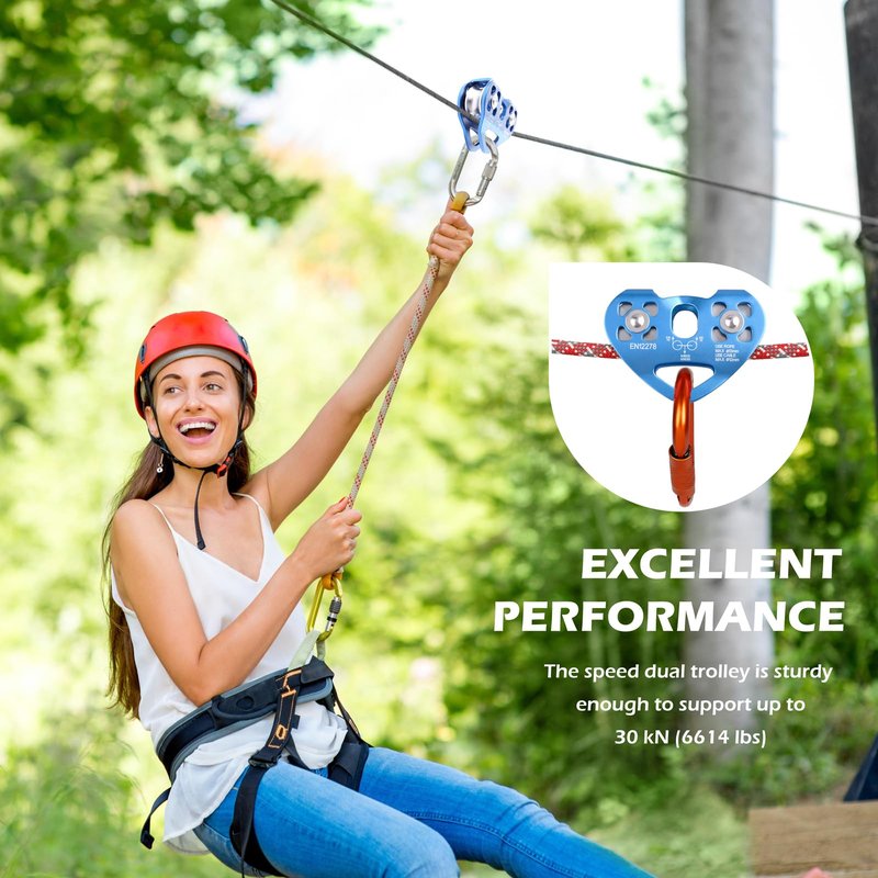 TRIWONDER 30kN Zipline Pulley 6700LBS Zip Line Tandem Dual Trolley Kit for Cable & Rope Heavy Duty for Rescue Climbing Hauling Backyard Zipline Mountaineering Rigging (Blue)