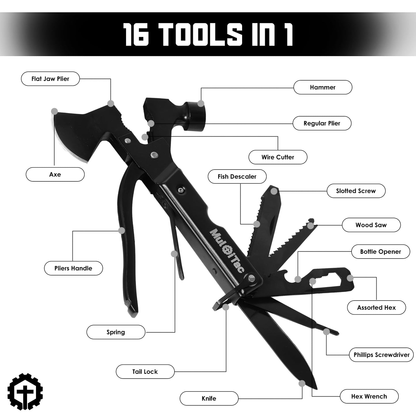 Camping Multitool Hatchet Axe Hammer by MultiTac, 16-in-1 Survival Gear with Knife, Pliers, Saw, Screwdriver, Bottle Opener, Fish Descaler - Unique Birthday Gifts for Men Dad Husband Boyfriend