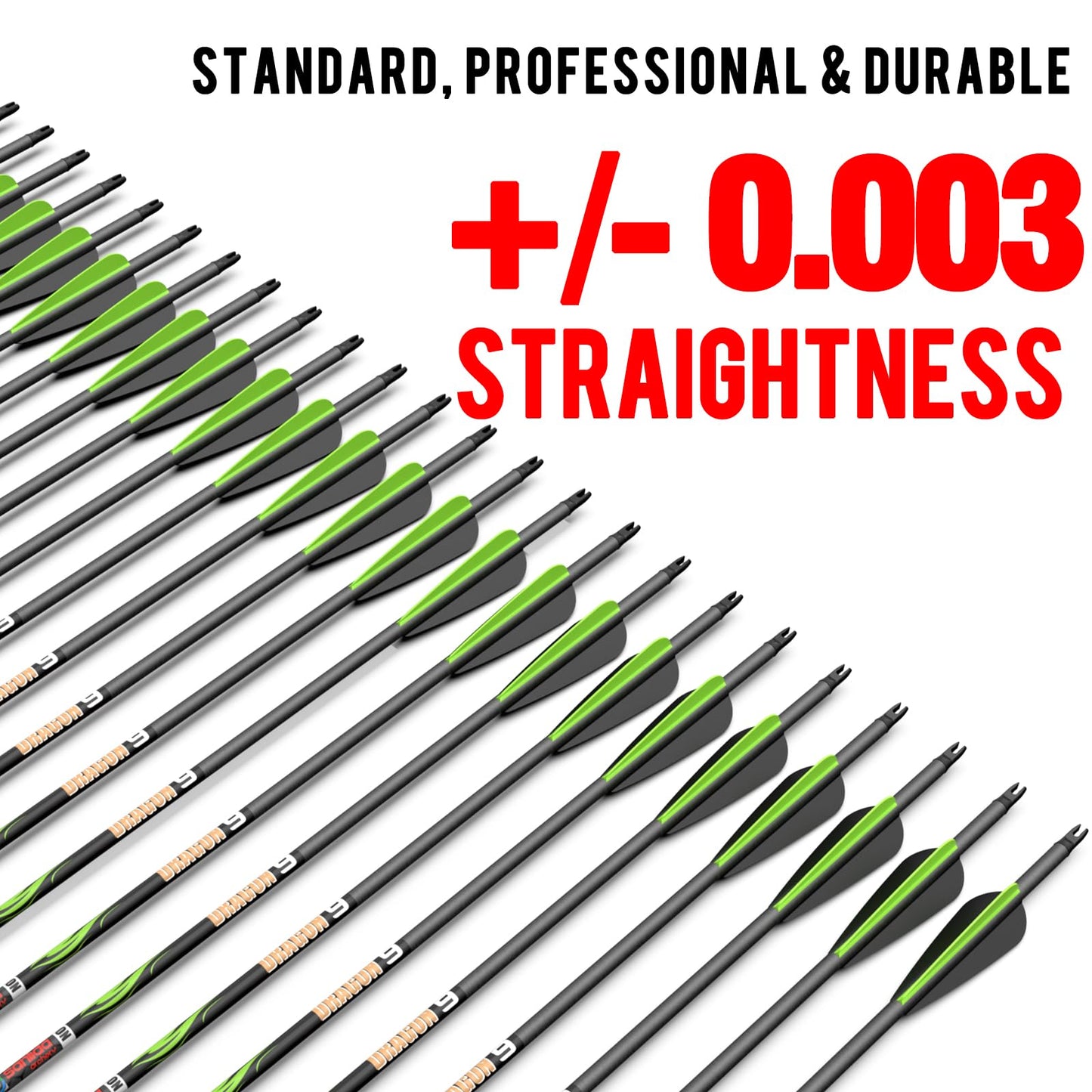 sanlida Dragon 9 24 Pack 100% Pure Carbon Hunting Arrows, 32" Arrows for Compound Bow, Olympic-Grade 10-Spine Precision, ±0.003" Straightness, 0.244" ID, 3" Vanes (340 Spine)