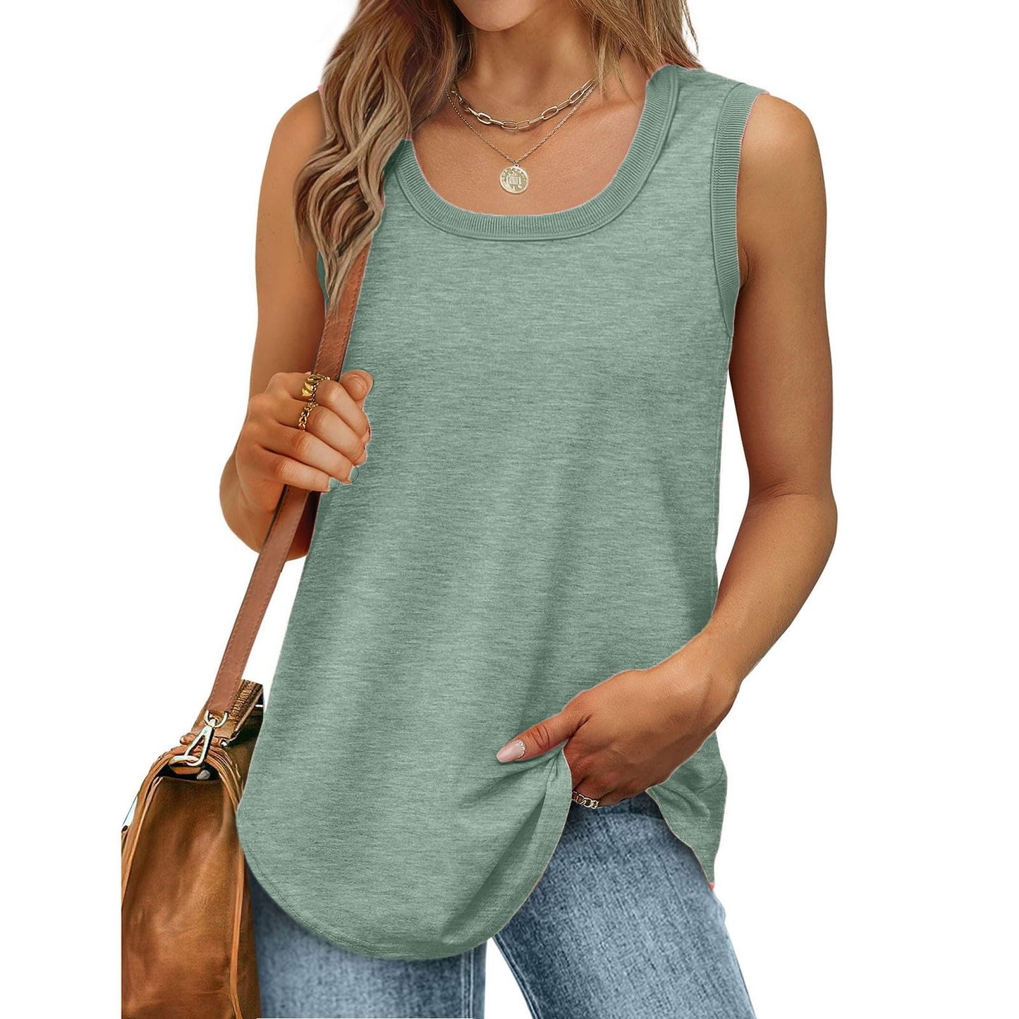 Borniu Womens Tank Tops Summer Loose Sleeveless Tops Scoop Neck Curved Hem Casual Flowy Shirt 2024 Outfits Clothes Army Green