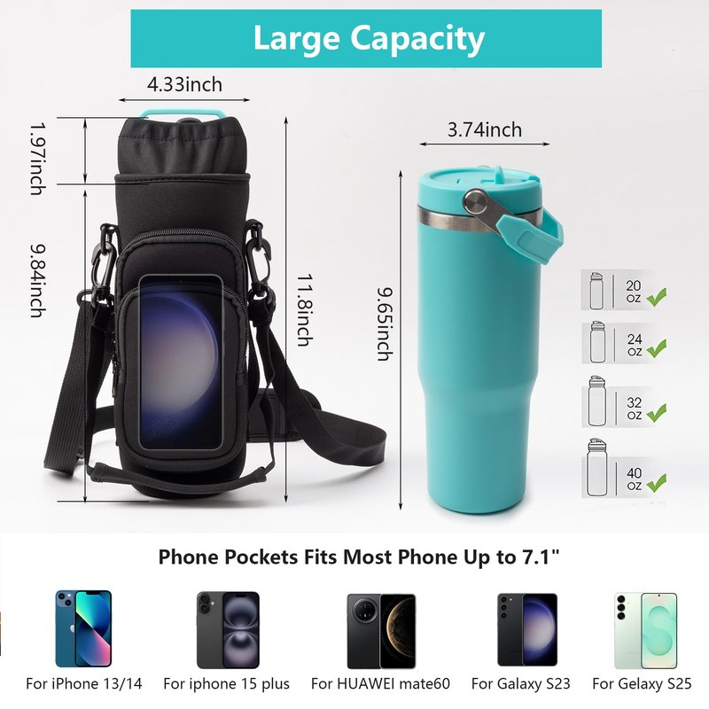 Water Bottle Carrier Bag,Water Bottle Holder with Straps Phone Pockets Fits Stanley IceFlow Owala 16/24/32/40oz Tumbler(Black)