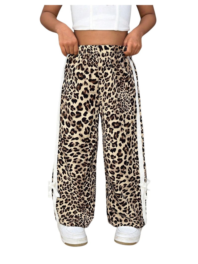 GORGLITTER Girl's Leopard Cheetah Print Pants Baggy Animal Wide Leg Sweatpants Y2K Bow High Waist Loose Joggers Bottoms Brown 7 Years