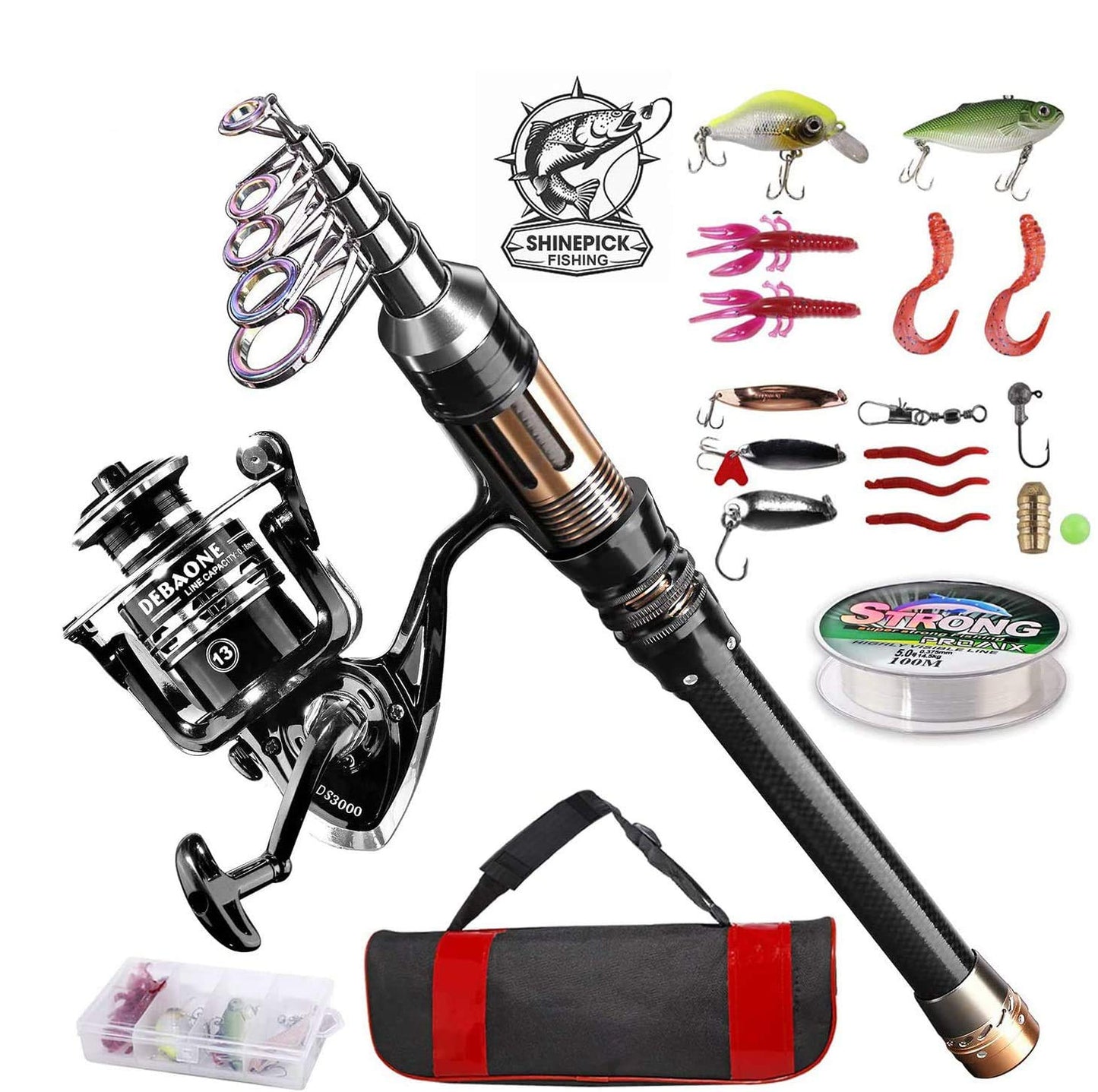 ShinePick Fishing Rod Kit, Telescopic Fishing Pole and Reel Combo Full Kit with Line Lures Hooks Carrier Bag for Travel Saltwater Freshwater Boat Fishing Beginners(2.7M)