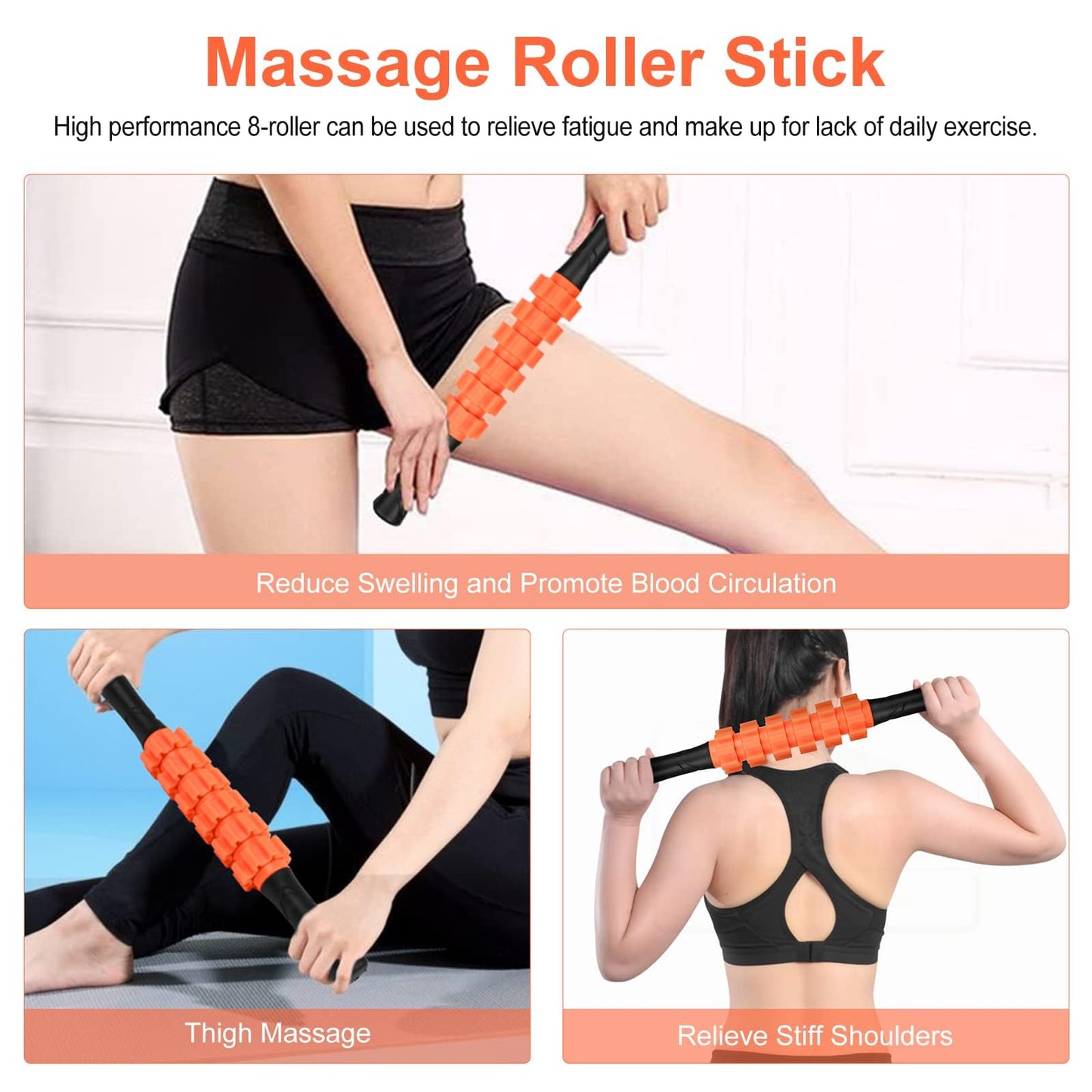 Aucuu 6 in 1 Foam Roller Set Includes Hollow Core Massage Roller, Yoga Stick, Massage Ball, Fitness Stretching Strap, Carrying Bag, Towel, Massage Roller (Orange)