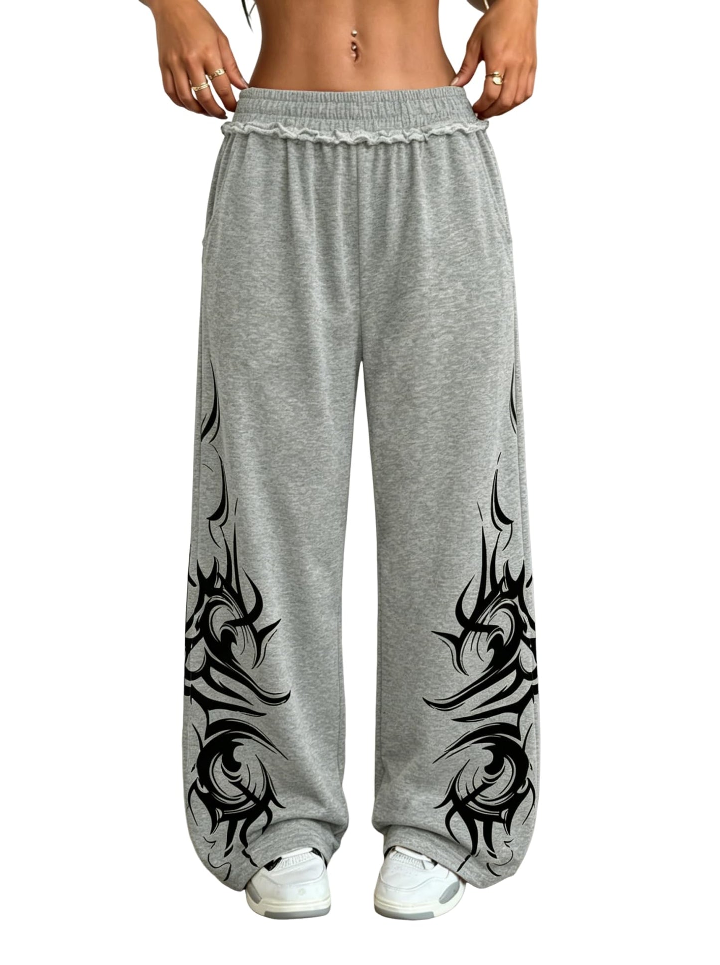 ZAFUL Womens Wide Leg Sweatpants Y2K Gothic Graffiti High Waisted Lounge Pants Athletic Joggers Pants with Pockets 1-Light Grey M