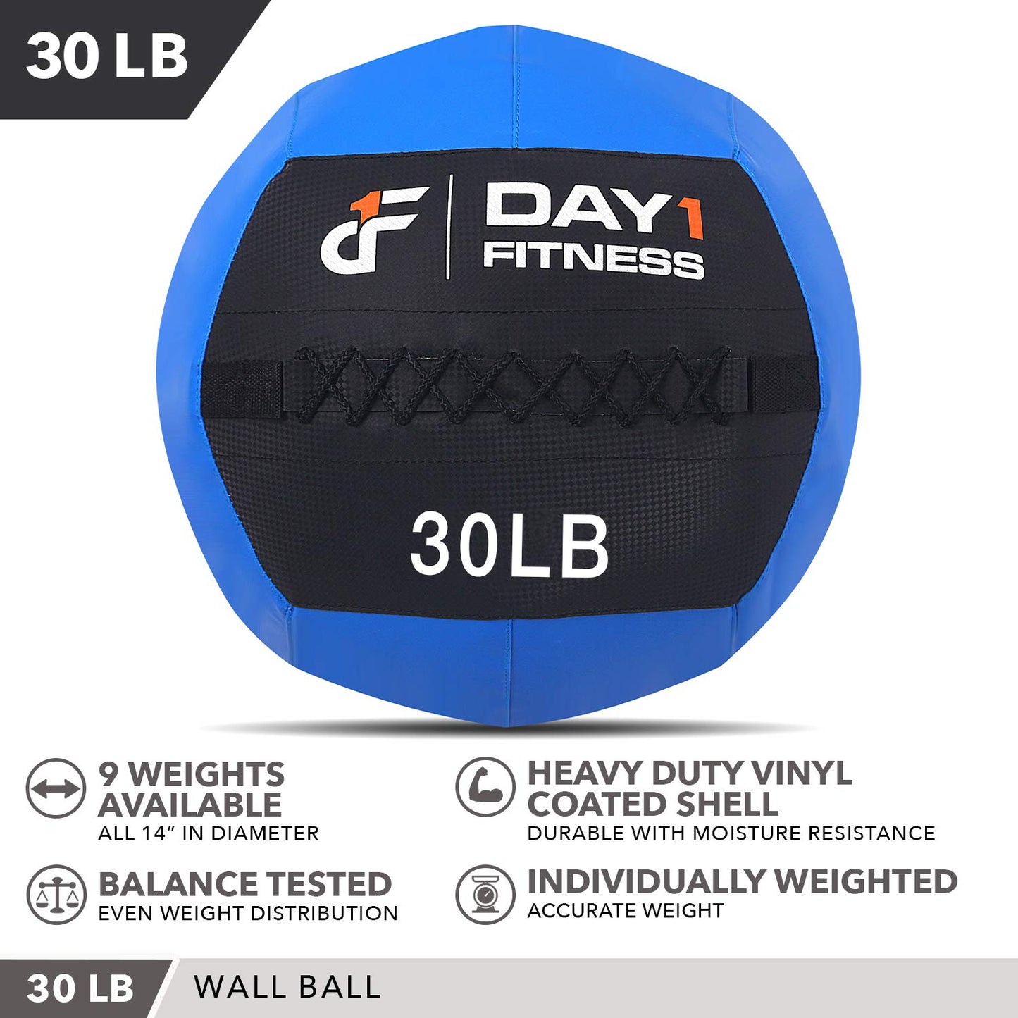 Day 1 Fitness Soft Wall Medicine Ball 30 Pounds BLUE - for Exercise, Rehab, Core Strength, Large Durable Balls for Floor Exercises, Stretching, Blue/Black