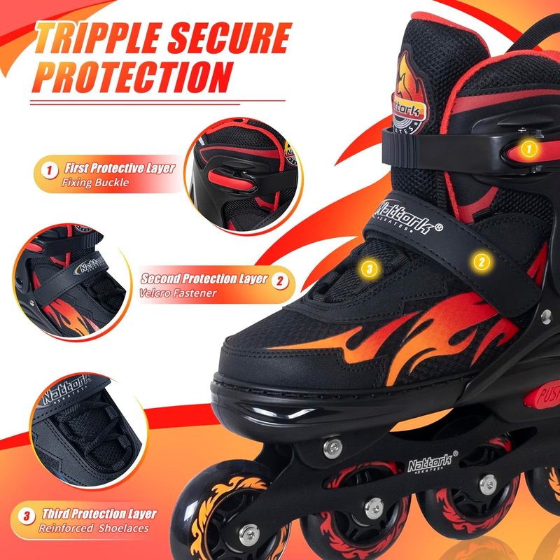 Nattork Adjustable Inline Skates for Kids and Teens, Nezha Inferno Skates Indoor and Outdoor Blades Roller with 8 Light Up Wheels for Boys Girls Youth Aged 6-16, Adult Beginners Flame Style 11 12 13
