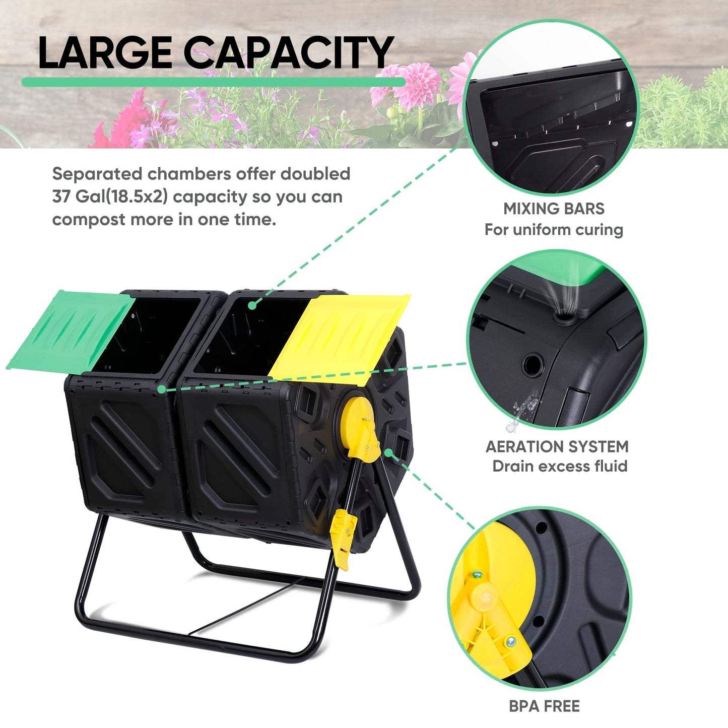 HomGarden Large Dual Chamber Compost Tumbler Heavy-Duty Outdoor Bin Composter with 2 Sliding Doors Easy-Turn, All-Season 37 Gallon High Volume Composter Black