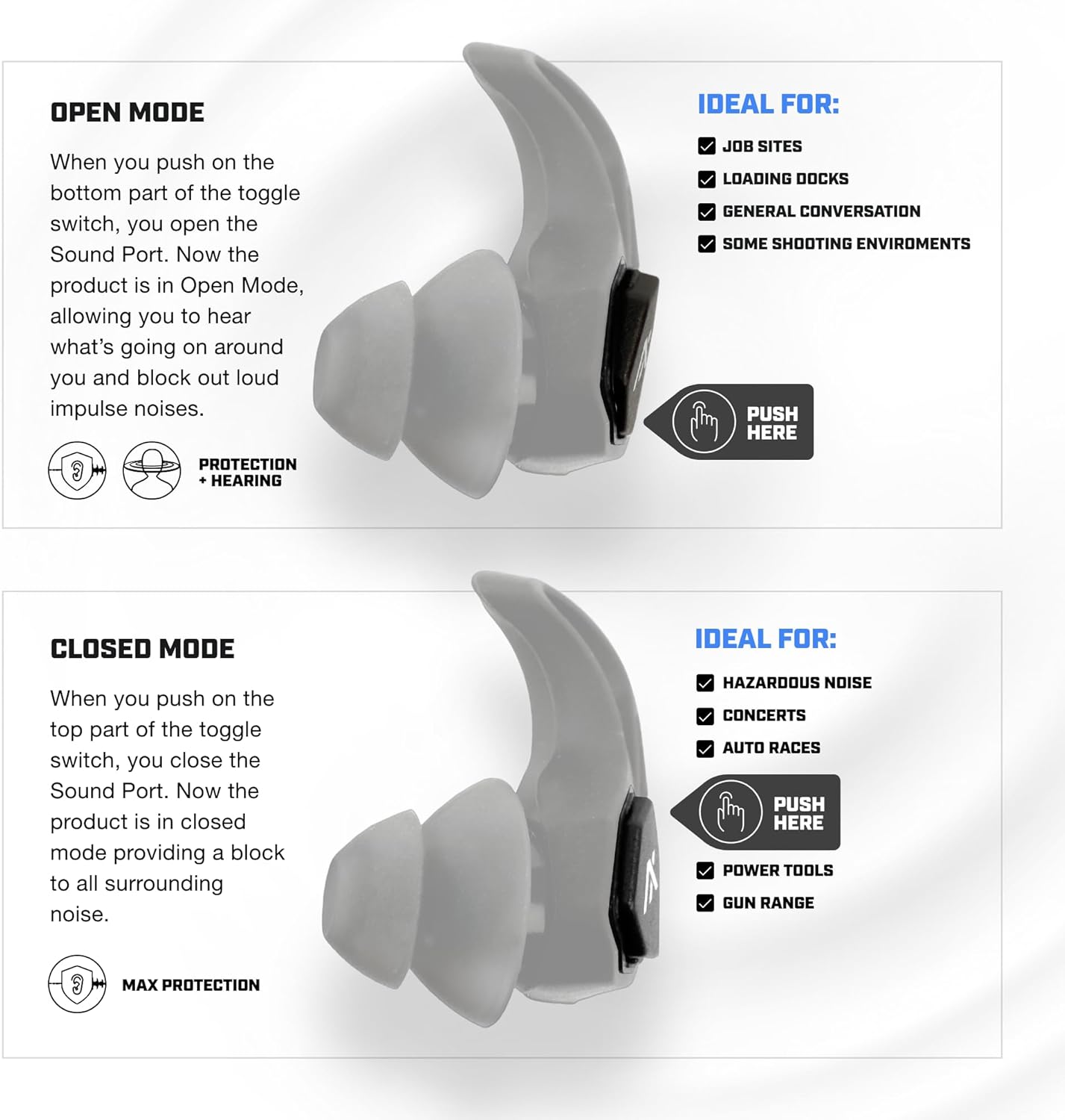 AXIL X30i Noise Reduction Ear Plugs - Hear-Through Mode Hearing Protection for Concerts & Sports - 25dB Reusable Foam & Silicone Eartips | Black