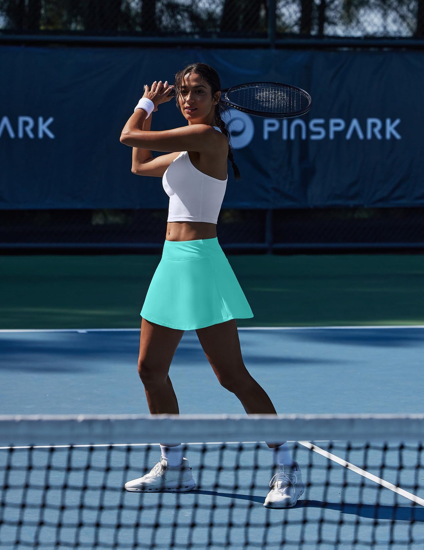 PINSPARK Pleated Tennis Skirt with Pockets Athletic Skort Women for Golf Pickleball Workout Tummy Control,Turquoise Small