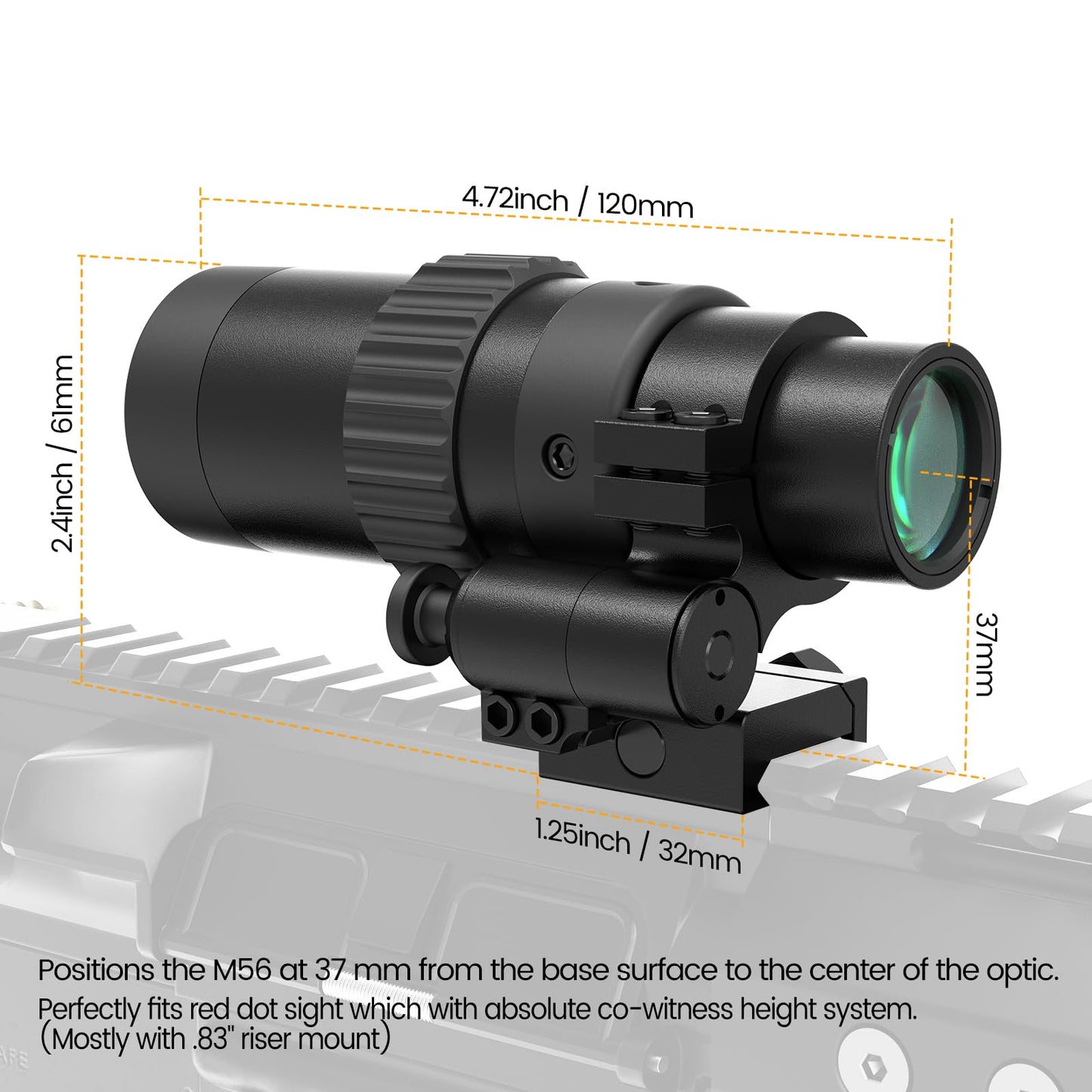 Feyachi M56 1.5X - 5X Zoomable Red Dot Magnifier for Absolute Co-Witness Red Dot Sight Reversible Fits Picatinny Rails