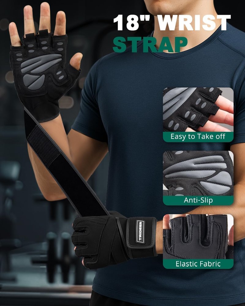 Trideer Workout Gloves - Weight Lifting Gloves with Wrist Wrap Support | Full Palm Protection & Extra Grip for Men
