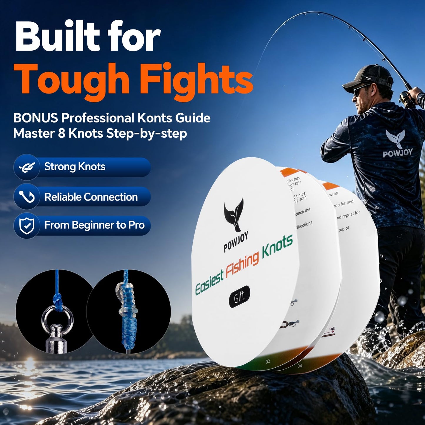 POWJOY 50lb Heavy Duty Clear Monofilament Fishing Line 330 Yards (30Yds Bonus) - Strong for Big Bass Fish in Saltwater/Freshwater, Low Stretch Nylon with Knot Instruction Cards & No-Tangle Snap Ring