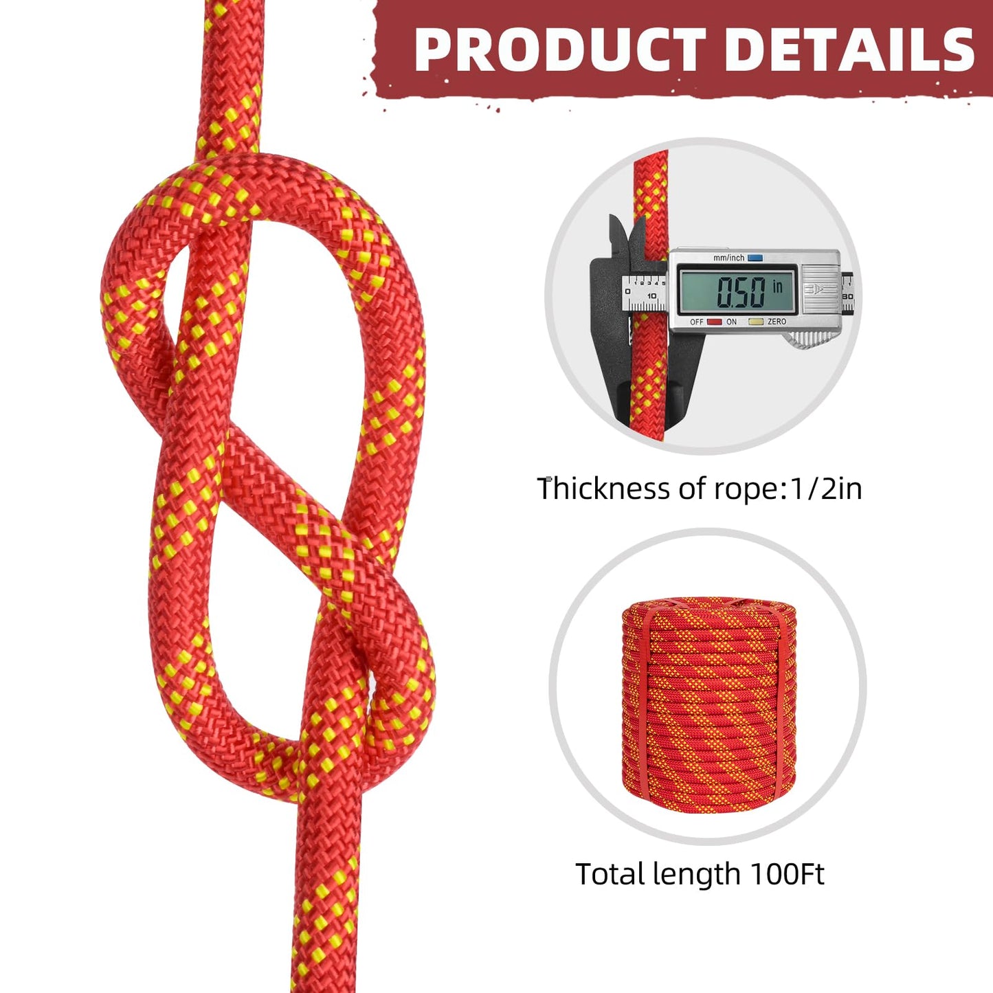 Lopevex 1/2 Inch Static Climbing Rope (150 Ft) - 9000lbs High Strength Arborist Bull Rope for Tree Pulling, Rigging & Rappelling - 48 Strand Polyester Braided Core, Red