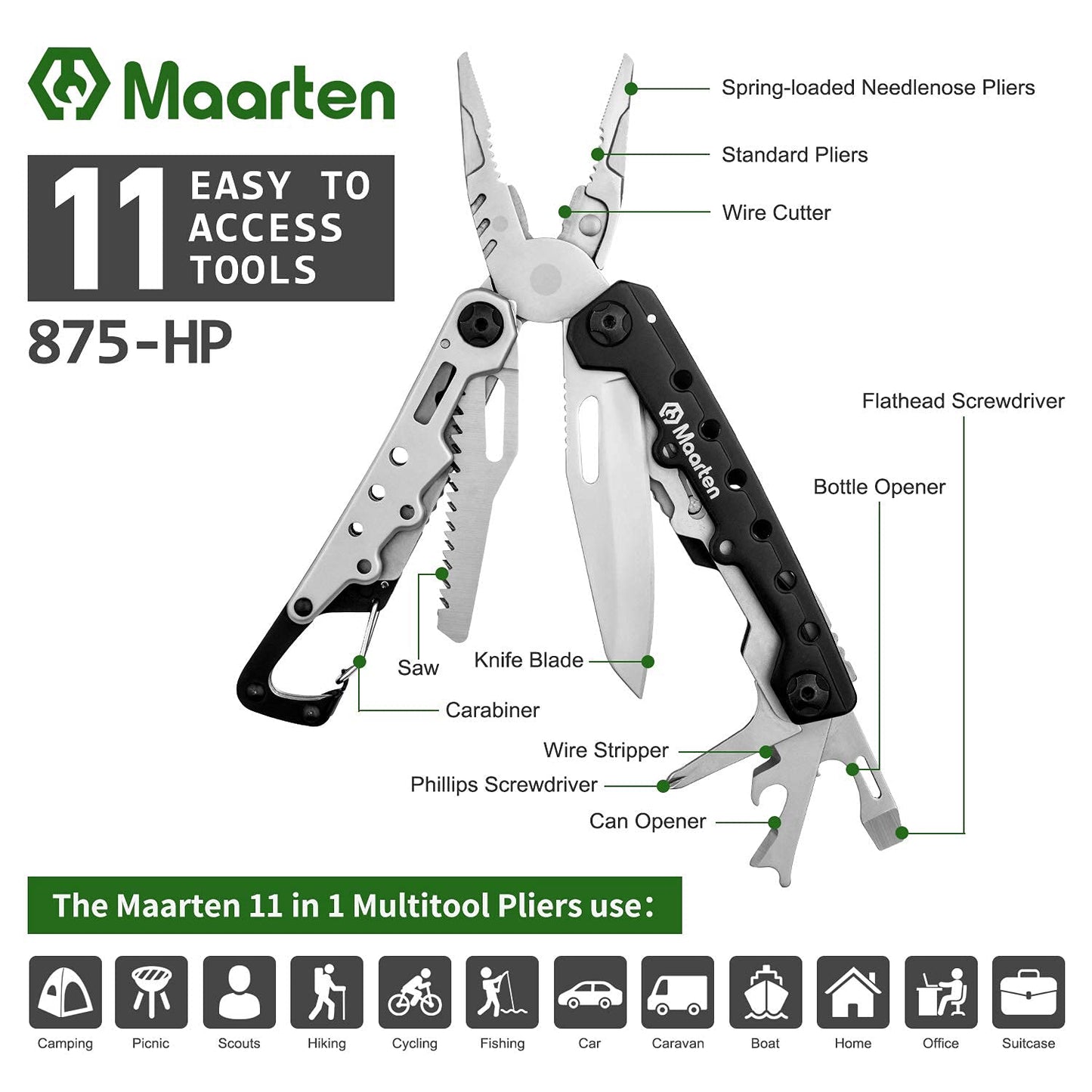 Maarten Multitool, 11 in 1 Hard Stainless Steel Multitool Pliers with Safety Locking, Camping Multi Tool Gifts for Men, Multi-pliers with Folding Saw, Bottle Opener, Screwdriver, Sickle, Nylon Sheath