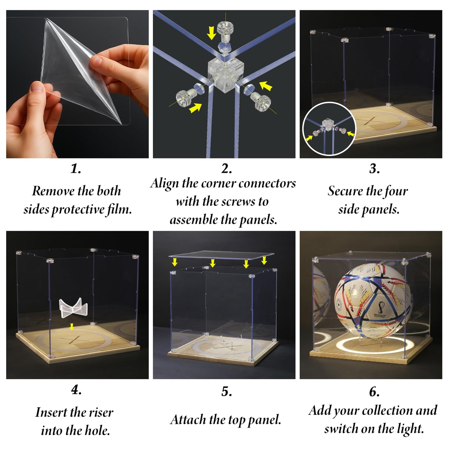 DORYBEN Soccer Display Case with Light,Full Size Acrylic Box with Removable Built-in Ball Display Stand, UV Protected Clear Case for Soccer Fans & Collectors, Sports Collectibles