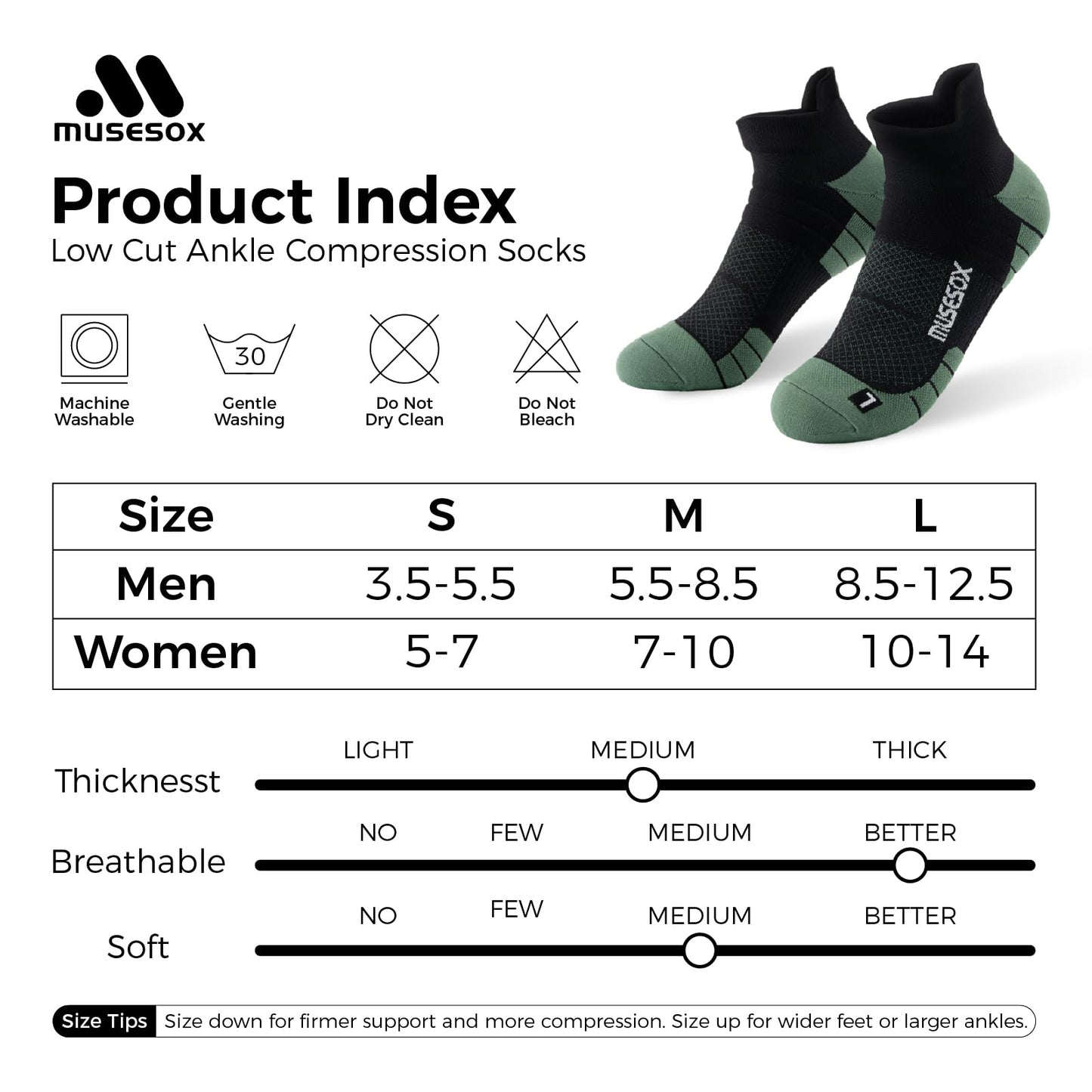 musesox Ankle Compression Socks for Women and Men,Low Cut Compression Running Socks with Arch Support(6 Pairs) Best for Sports,Workout,Travel,Daily,Black,White,Gray,Unisex,Large