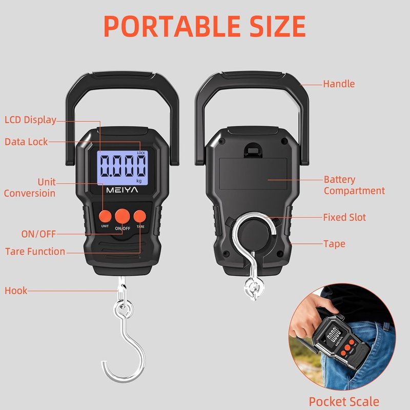 Digital Fish Scale - Accurate LCD Display Up to 110lb/50kg | Essential Fishing Gear with Hook & Batteries