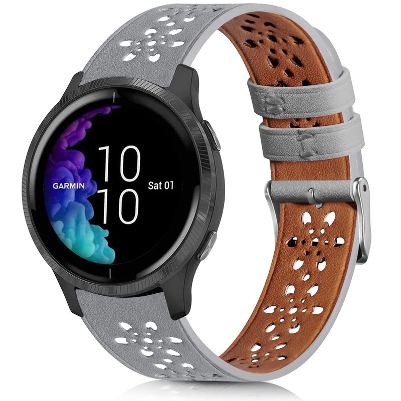 BOTNUW Lace Leather Band Compatible with Garmin Vivoactive 3/Vivoactive 3 Music Bands/Vivoactive 5 Bands,Garmin Venu/Venu 2 Plus Bands Women Men,20mm Breathable Slim Hollow-out Sports Replacement Band (Grey)