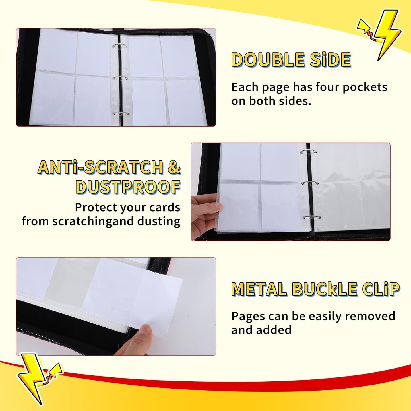 Trading Card Binder - 4 Pocket Holder for 400 Cards | Portable Zipper Case with 50 Removable Sleeves