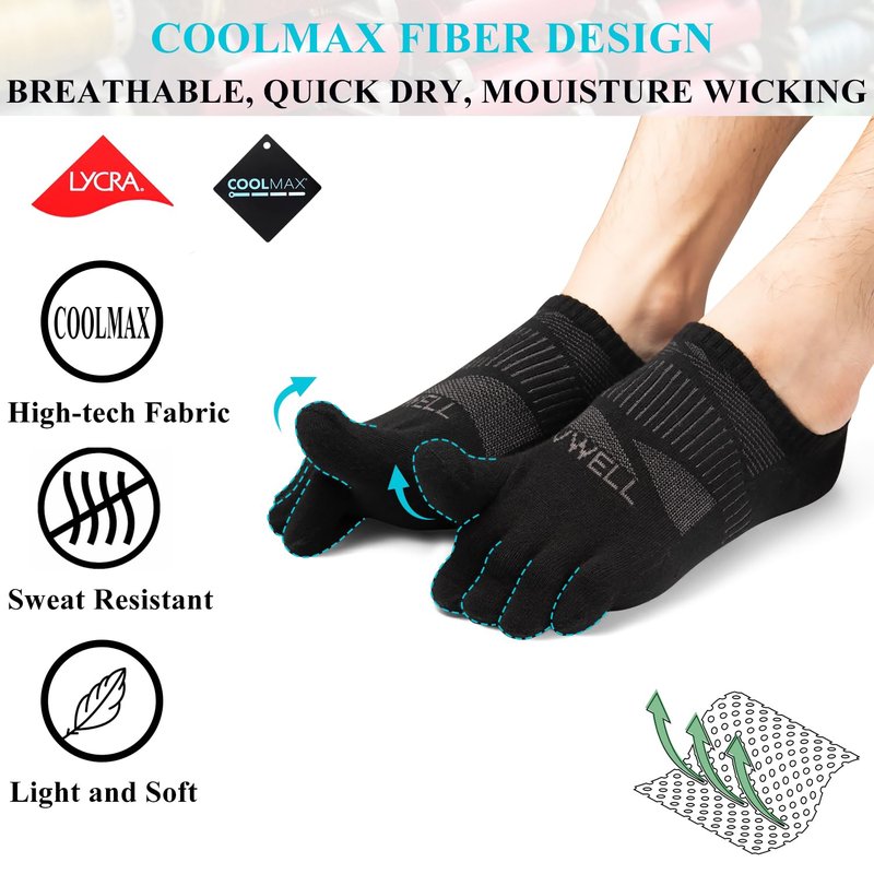 VWELL No Show Toe Socks for Men Women COOLMAX Five Finger Socks Athletic Running Ankle Low Cut 5 Toe Socks (3Pairs)
