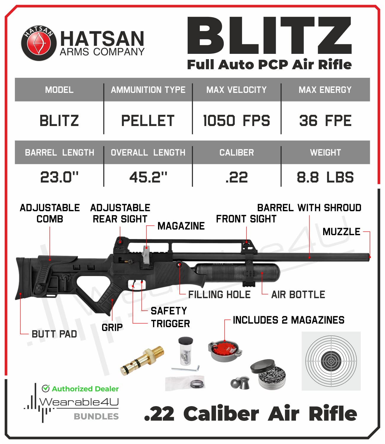 Wearable4U - Hatsan Blitz Full Auto PCP .25 Cal 970 fps 41 FPE w/ 19-Shots 2 Magazines Air Rifle w/Scope and 100x Paper Targets and 150x Pellets Bundle