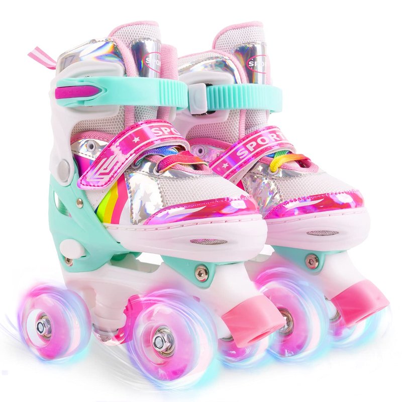 Ceestyle Rainbow Adjustable Light Up Roller Skates for Girls Boys,All Wheels of Skates Shine, Safe Fun Illuminating for Kids,Medium