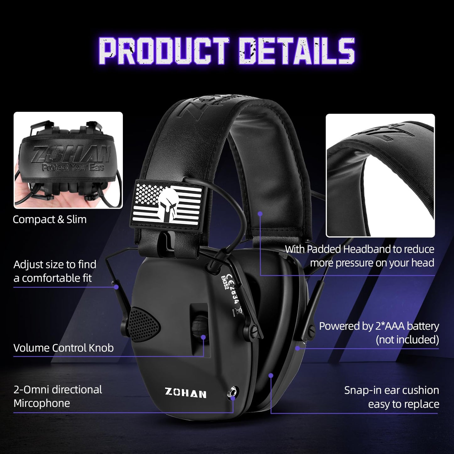 ZOHAN Electronic Shooting Earmuffs with Patches, 2Pack Hearing Protection for Shooters, NRR 23dB Noise Reduction, Gun Range Ear Protection Headphones(Black+Brown)