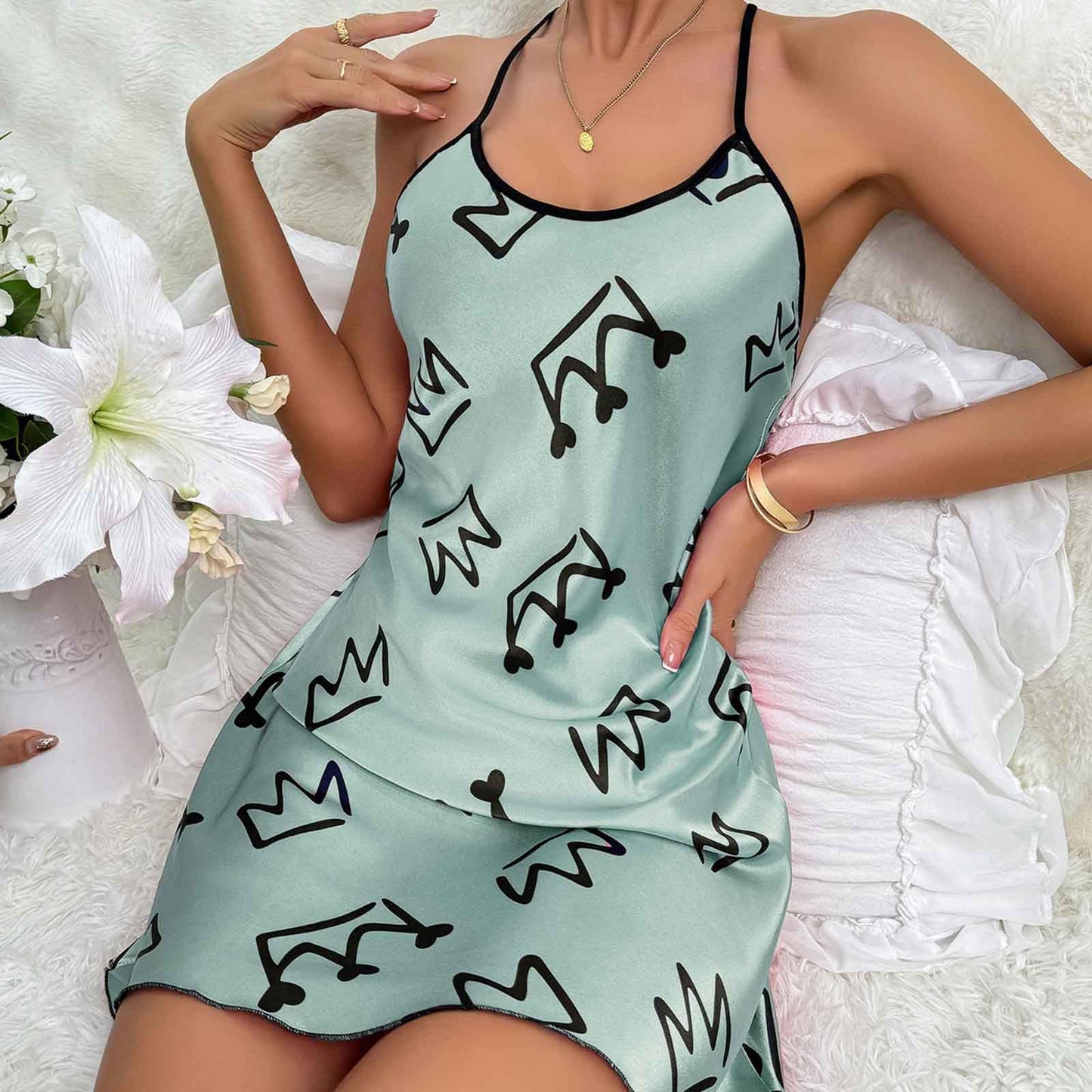 Womens Nightdress Fashion Print Sexy Backless Ice Silk Sling Pajamas Dresses Nightgowns Chemise Sleepwear Lingerie Style001 Green Small