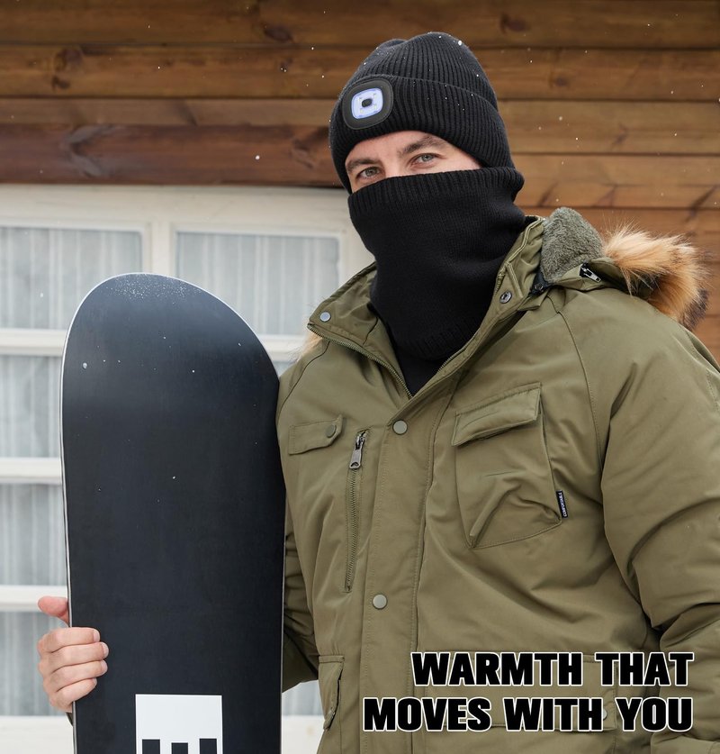 MELASA Winter Fleece Lined Beanie with a Light & Neck Warmer Gift Set for Men – Windproof Winter Hat and Scarf, Soft Thermal Cold Weather Gear with LED Light for Outdoor Work Black