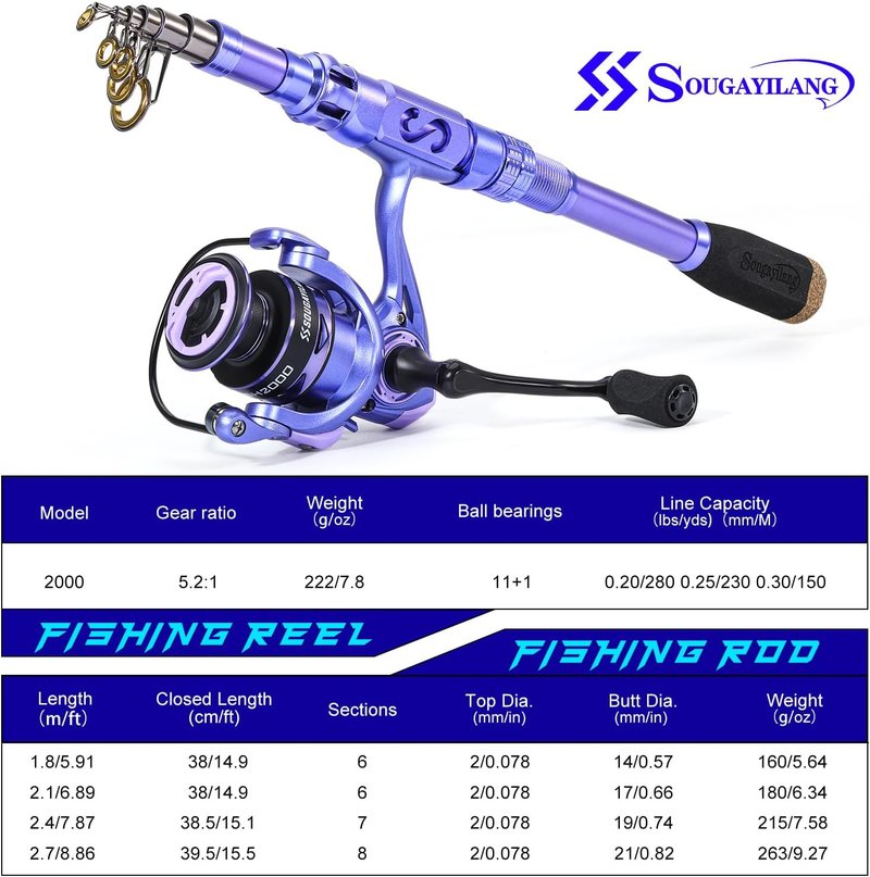 Sougayilang Fishing Rod and Reel Combo - Carbon Fiber Telescopic Fishing Pole for Saltwater & Freshwater | Smooth Reel Kit