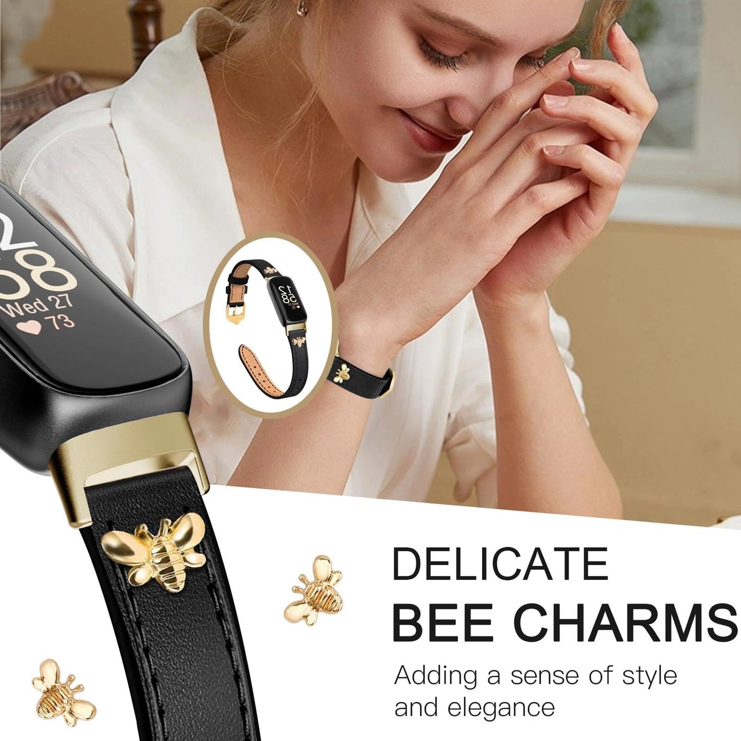 EVPLNT Slim Leather Bands Compatible with fitbit inspire 3 bands, Charms, Feminine Design for fitbit inspire 3 (Black/Gold)