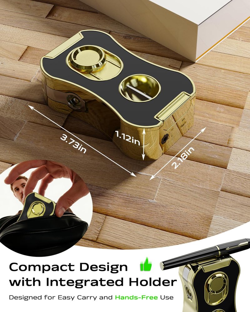 6-in-1 Quad Torch Lighter with Holder, V & Straight Cutter, Punch, Draw Enhancer Tool, Gifts for Men, Flame Adjustable, Refillable Butane Torch Lighter, Multi-use Accessories for Outdoors