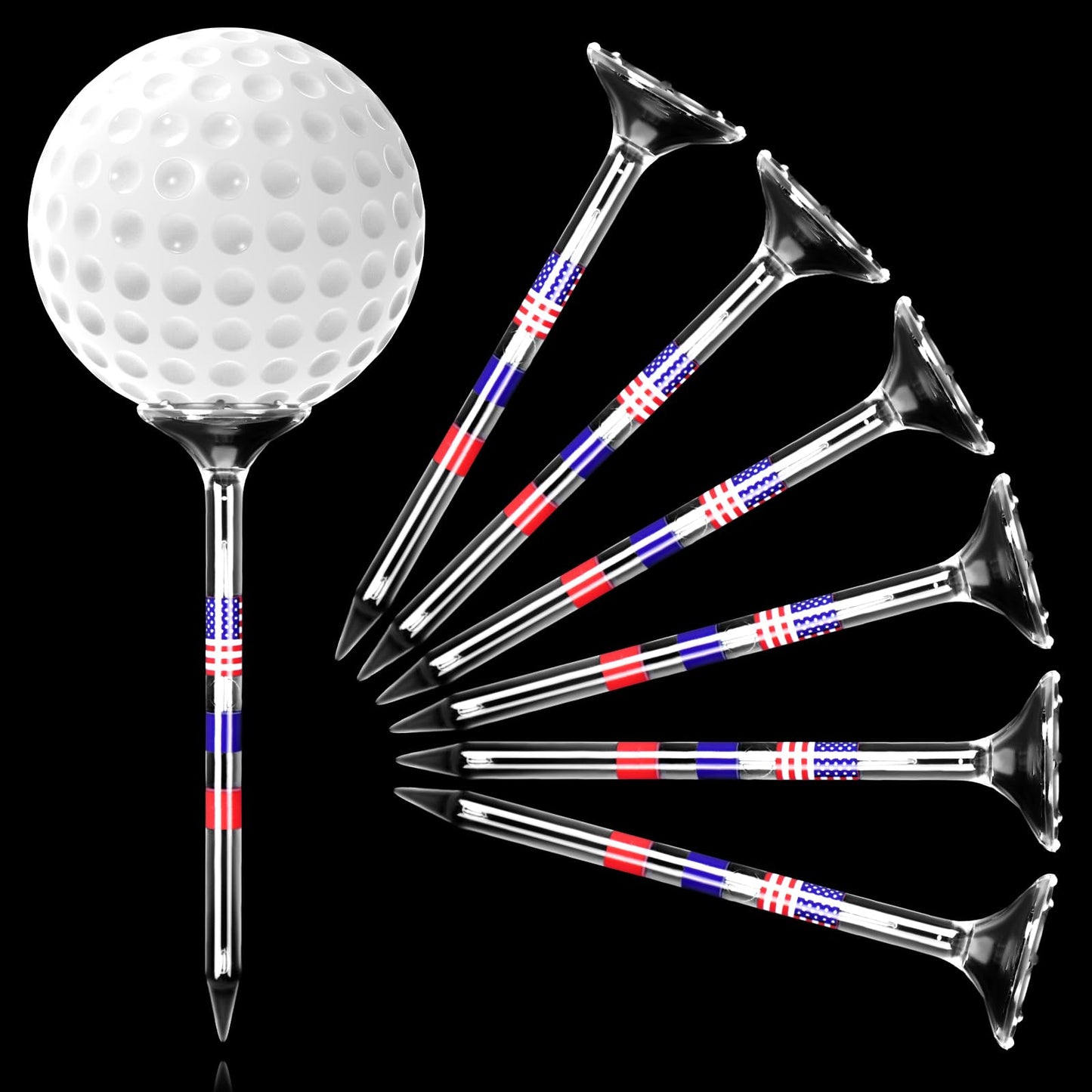 Rionaty 100 Pack Golf Tees 3 1/4'' Plastic Golf Tees Unbreakable American Flag Golf Tees Low Friction Transparent Long Golf Tees Bulk with Big Cup 8 Prongs Golf Accessories for Men