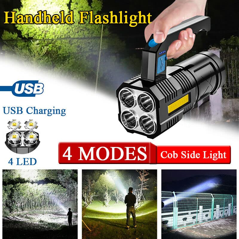 Wrrozz LED Flashlight USB Rechargeable, High Lumens Tactical Light with Sidelight, 4X LED, Zoomable, Handheld Super Brightest Flashlights, Portable Torch for Outdoor Camping Emergency Lantern