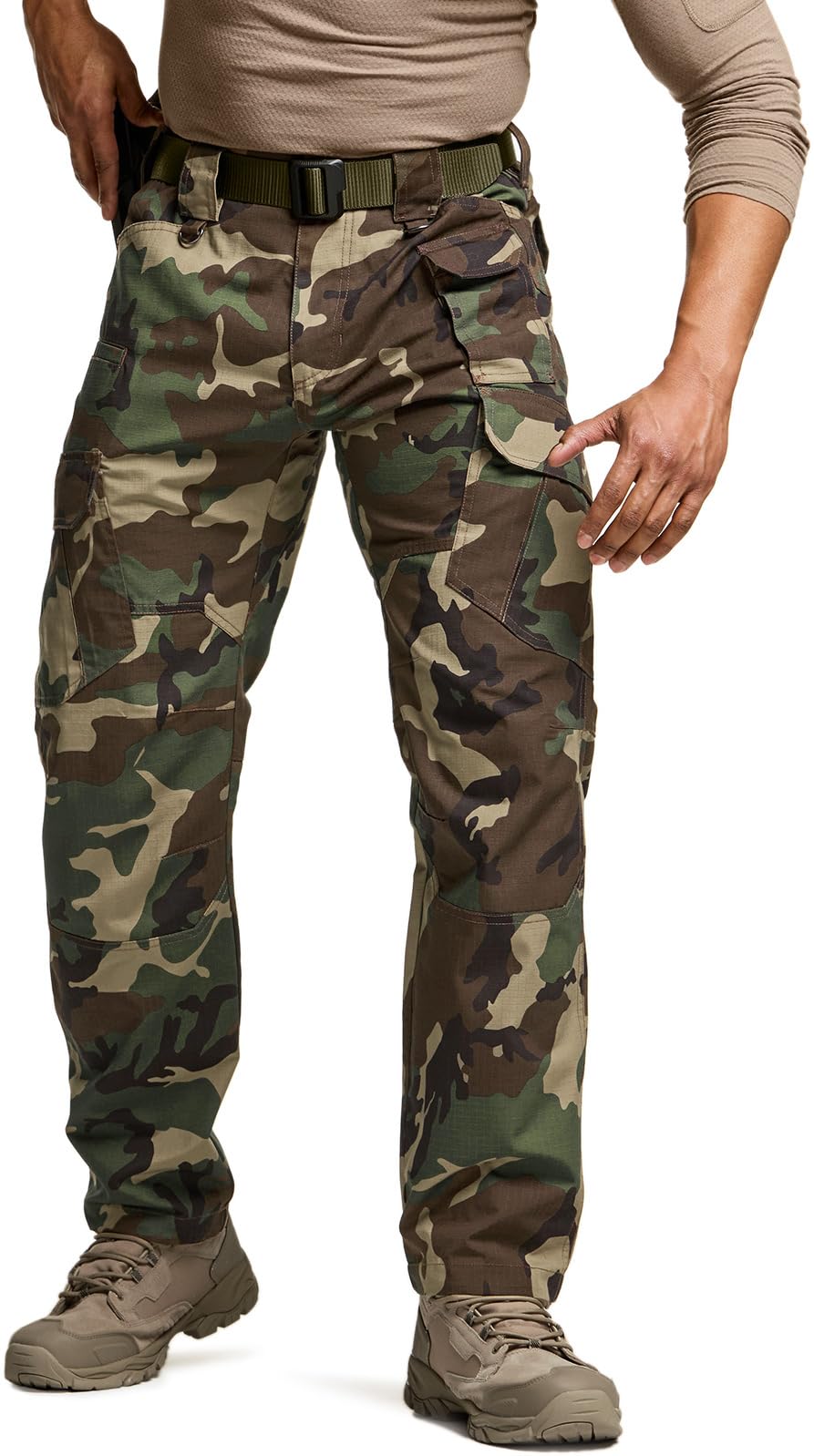 CQR Men's Tactical Pants, Water Resistant Ripstop Cargo Pants, Lightweight EDC Work Hiking Pants, Outdoor Apparel, Duratex Mag Pocket Print Woodland Camo, 28W x 30L