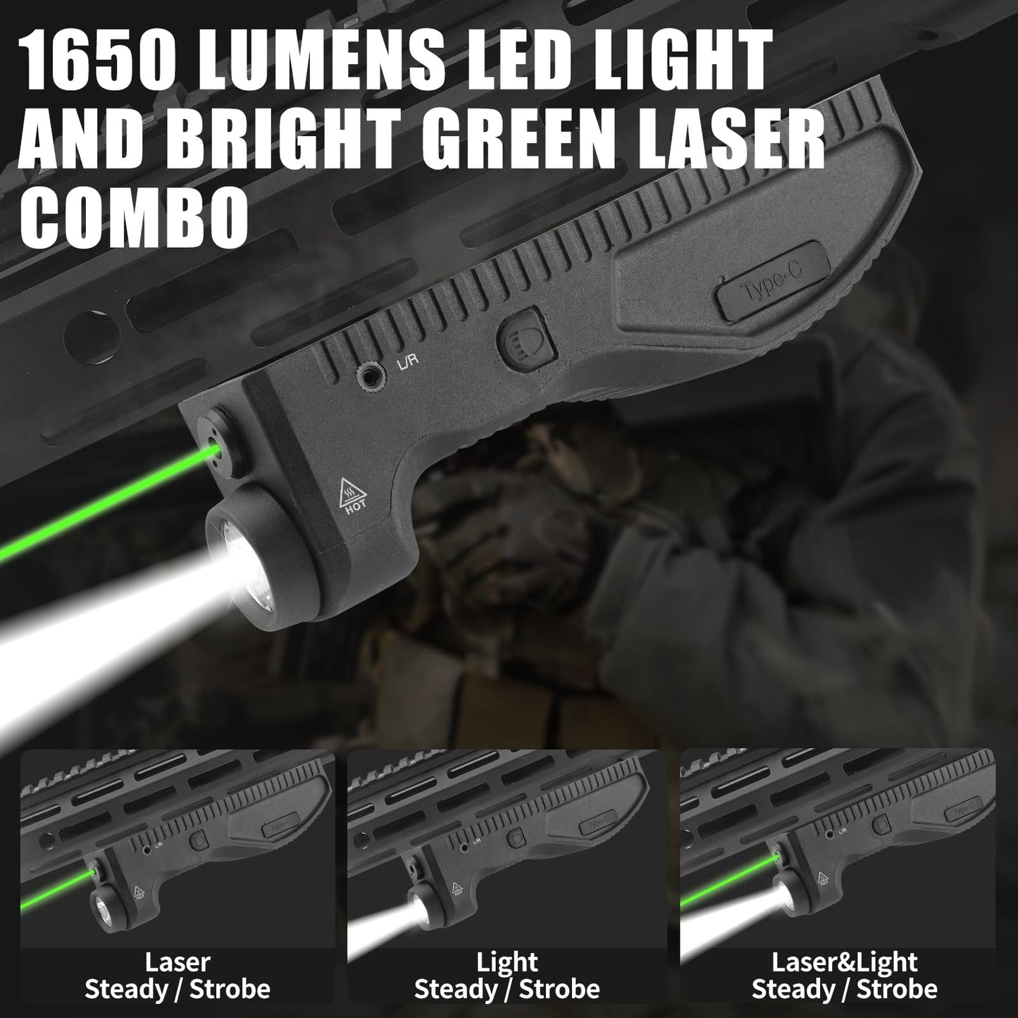 ZBULAR 1650 Lumens Strobe Function,Light Laser Combo Compatible with M-Lok Rail Surface, Tactical Flashlight and Laser Sight,High Real Lumen,USB-C Rechargeable IIIA Class Laser Power Output ≤5mW