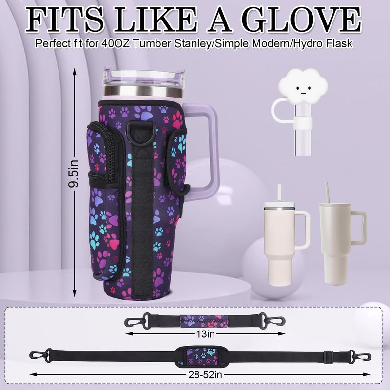 Water Bottle Holder Carrier Bag with Large Phone Pocket,Neoprene Water Bottle Carrier with Strap for Stanley 40 OZ Tumbler, Wrap Around Drink Purse Cup Holder with Straw Cover Accessories