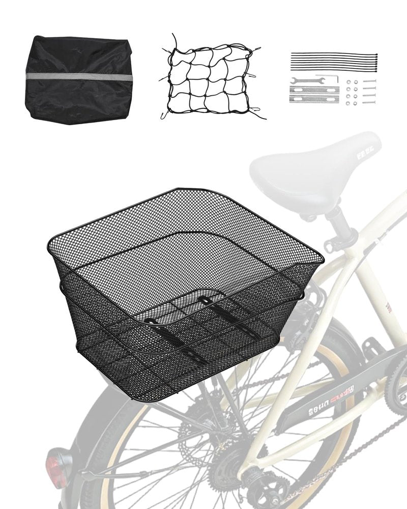 VEVOR Rear Bike Basket, Wire Mesh Bicycle Basket with Cargo Net & Waterproof Cover, Durable Metal Bike Back Basket, Fits Most Rear Bike Racks, Mounting Tools Included