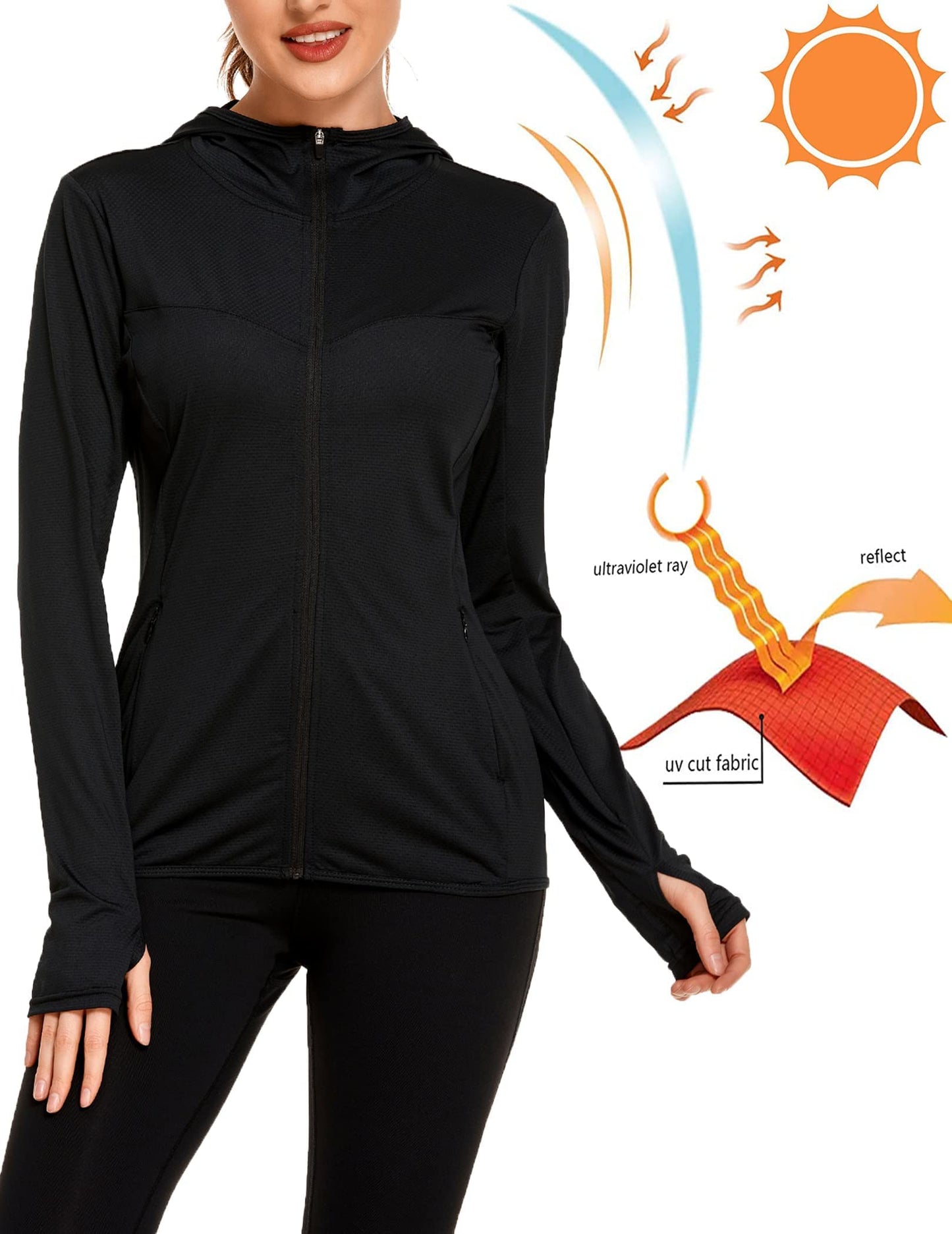 COOrun Women's UPF 50+ Sun Protection Hoodie Jacket Lightweight Full Zip Running Jacket Athletic Workout Top with Thumb Holes Zipper Pockets Black M