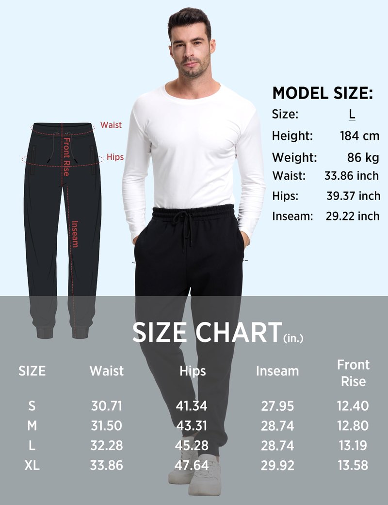 DITOK Men's Sweatpants with Zipper Pockets, Fleece Tapered Sweatpants for Mens Joggers, Lightweight Mens Athletic Sweat Pants for Workout, Jogging, Running, Black