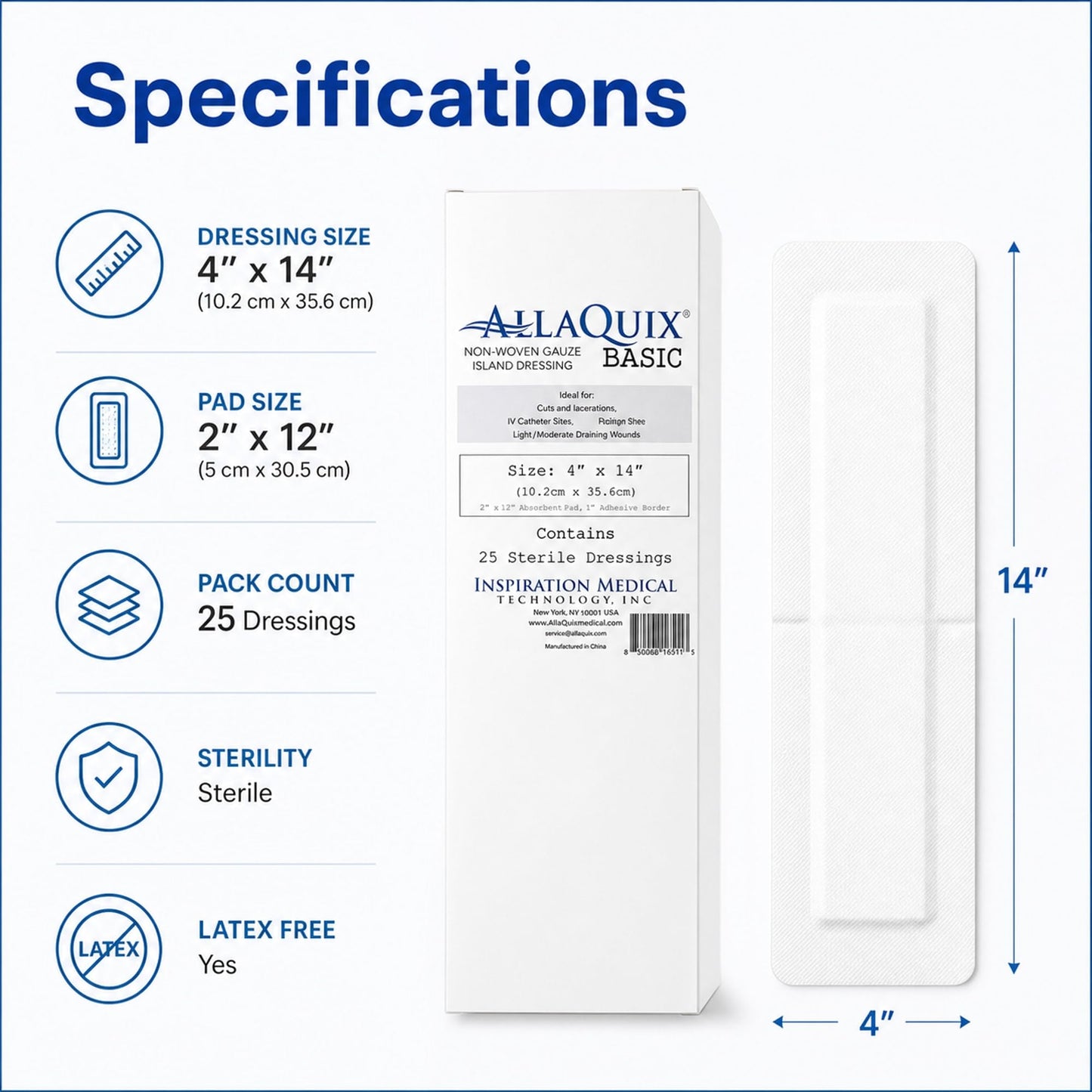 AllaQuix Island Wound Dressing for Long Incisions, Extra Large Wound Dressing with Adhesive Border, Surgical Gauze Pads, 4x14 Inch, 25 Count