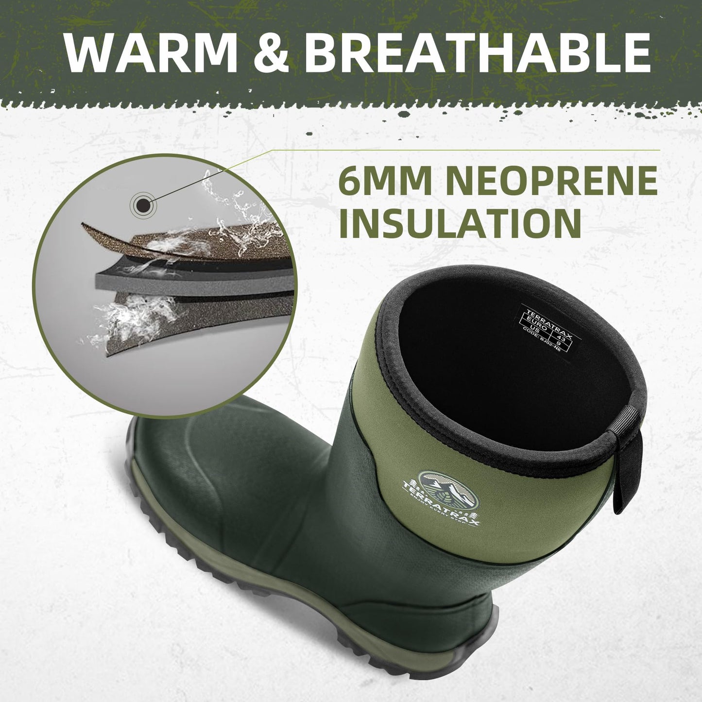 TerraTrax Men's Waterproof Insulated Rubber Hunting Boots – 6mm Neoprene Rain Boots for Outdoor Work, Fishing, Farming & Gardening Green Size 13