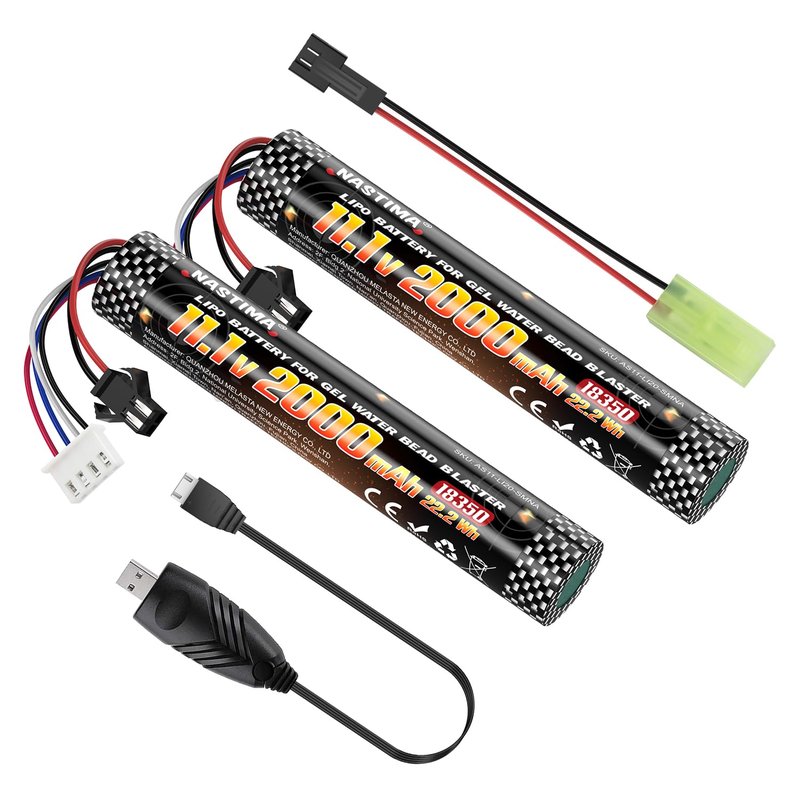 NASTIMA Airsoft Battery 11.1V 2000mAh SM2P Plug, Airsoft Gel Water Bead Blaster Batteries for Splatter Ball with Charging Cable (2 Pack)