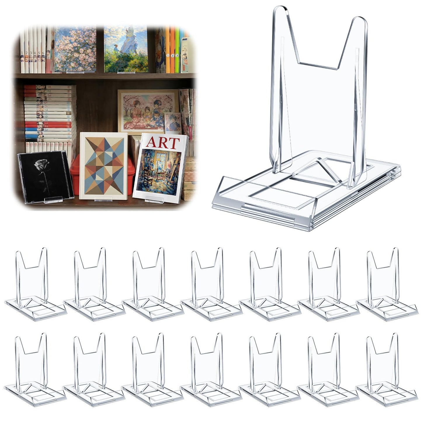 Hushee 15 Pack Acrylic Book Stand for Display Adjustable Clear Book Display Holder Easel Rack Stand for Home Office Back to School Library Bookshelf Comic Album CD Magazine Postcard Artworks